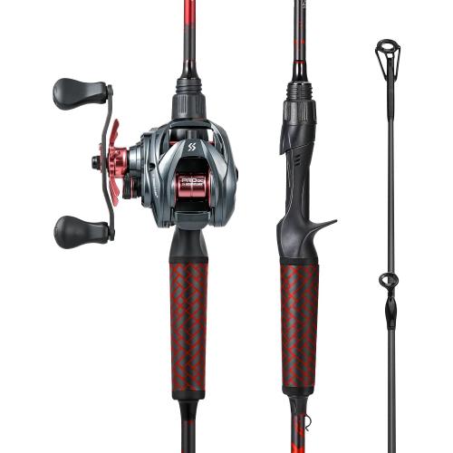 Sougayilang Fishing Rod Baitcasting Baitcaster Reel with 2-Piece Durable Carbon Fiber Casting Rod for Freshwater