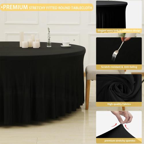 12 Pack 132inch Black Round Tablecloth, Circle Stretch Table Cloths for 6 FT Tables, Wrinkle Free Round Table Skirt for Wedding Birthday Photography Graduation Ceremonies Retirement Party Decorations