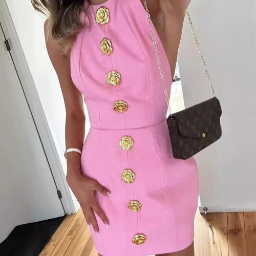 Size M Halter Backless Mini Dress Women Summer Elegant Sleeveless Gold Button Solid Color Dresses Lady Party Vestidos