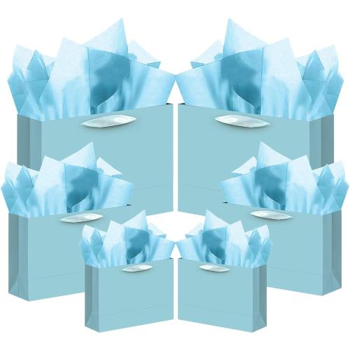 qiqee 10PCS Lake Blue Gift Bags with Ribbon Handles Mulit Assorted Sizes Gift Wide Bags (2pcs Large 13, 4pcs Medium 9.6, 4pcs Small 6.3,Tissue Paper)