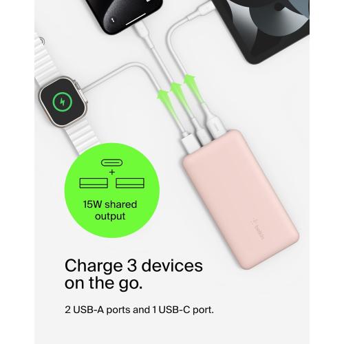 Belkin Portable Charger, USB-C Power Bank 10000 mAh w/ 1xUSB-C & 2xUSB-A Ports, 15W w/ Type-C to Type-A Cable for iPhone 16, 16e, Samsung Galaxy S25, Nintendo Switch 2 & More - Rose Gold