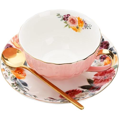 Lyellfe Set of 2 Tea Cup and Saucers, 8 Oz Floral Tea Cups with Gold Trim and Spoon, Porcelain British Coffee Cups for Party Christmas Birthday Wedding Gifts