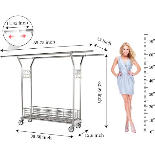 Heavy Duty Clothes Rack - Double Rod Clothing Racks for Hanging Clothes, Portable & Adjustable Garment Rack with Wheels, Rolling Clothes Rack Load 670LBS for Bedrooms, Laundry, Closet (Sliver)