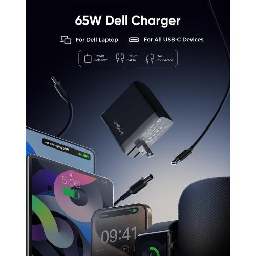 65W Dell Charger for Laptop, Dell Computer Charger USB-C for XPS, Inspiron, Latitude and Vostro Models, Power Cord 4.5 * 3.0 mm and 7.5 * 3.0 mm Compatible with Both 65W 45W (Foldable AC Plug)