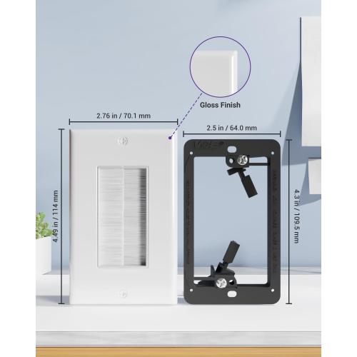 VCE Brush Wall Plate Cable Pass Through with Bracket, White, 2-Pack
