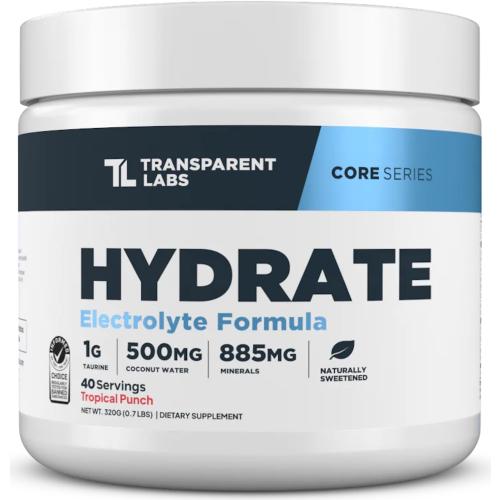 Transparent Labs Hydrate Naturally Sweetened Electrolytes Powder - Hydration Powder Electrolytes with Coconut Water, Calcium, Taurine, & Potassium - 40 Servings, Tropical Punch