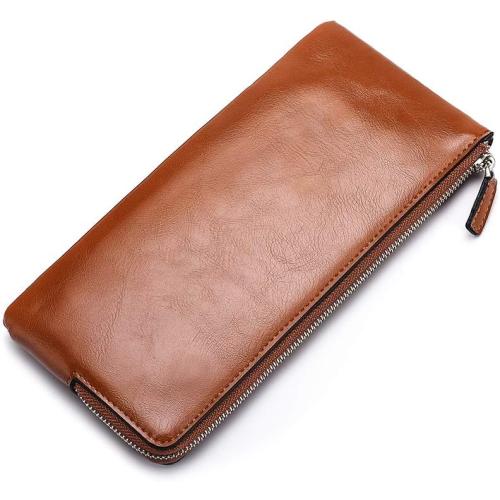 Minimalist Leather Wallets for Men Long Bifold Wallet Zip Around Clutch Travel Purse for Checkbook, Smartphone, Cash