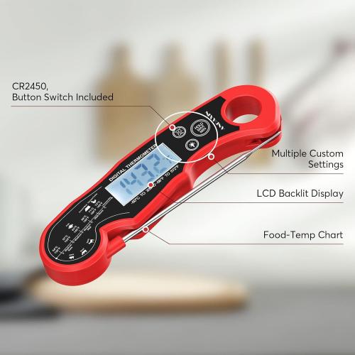 Meat Thermometer Digital for Grilling and Cooking - ANDAXIN Waterproof Ultra-Fast Instant Read Food thermometers with Backlight & Calibration for Kitchen, Deep Fry, BBQ, Grill(Red/Black), LCD