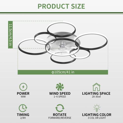 41 Modern Ceiling Fan with Lights, Flush Mount Ceiling Fan with Tri-Color Light 6-Speed Wind, Low Profile Ceiling Fans with Led Light and Remote Control for Living Room Bedroom Dining Room
