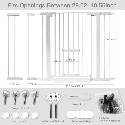 37 Inch Tall Baby Gate with Cat Door, Adjustable 29.55 and -40.55 Wide Auto Close Dog Gate Pressure Mounted Safety Pet Gate for Stairs, Doorway, House