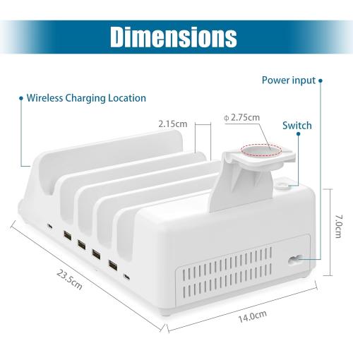 AGVEE 140W 9in1 Multi USB Charging Station Organizer Family Block Hub with Multi Cables, 3 Wireless Charger Dock for Apple iPad iPhone Cell Phone Samsung Android Tablet Multiple Devices, White