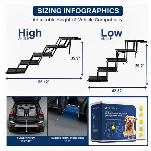 VERALUX Dog Stairs for Large Dogs for Car | 5 Step Foldable Dog Stairs | 200lb Capacity | Non-Slip Rug Steps | XL Lift Assist Harness System | Pet Stairs for Large Dogs | Dog Steps for Truck & SUV