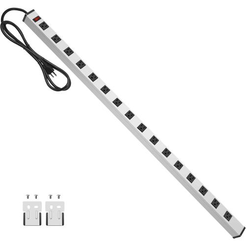 JUNNUJ Long Metal 16 Outlet Power Strip, Wide Spaced Garage Industrial Heavy Duty Power Strip with 4 FT Cord 15A, 125V, 1875W-Silver