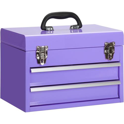 14 Inch Steel Portable Tool Box with drawers - Tool Storage Box Organizer with Metal Latch Closur - Powder Coated Toolbox Chest for Tools Storage Cabinet (PURPLE)