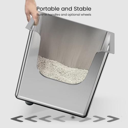 Stainless Steel Litter Box 13.7'' High Sides, XL Metal Cat Litter Box with Curved Low Entry, Cat Litter Pan for Big & Multiple Cats, Pet Toliet with Handy Wheels for Easy Moving