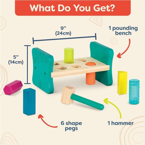 B. toys – Wooden Shape Sorter – Pounding Bench For Shape Sorting – 6 Pegs & Toy Hammer – Classic Toys For Toddlers, Kids – 2  Years – Colorful Pound & Play