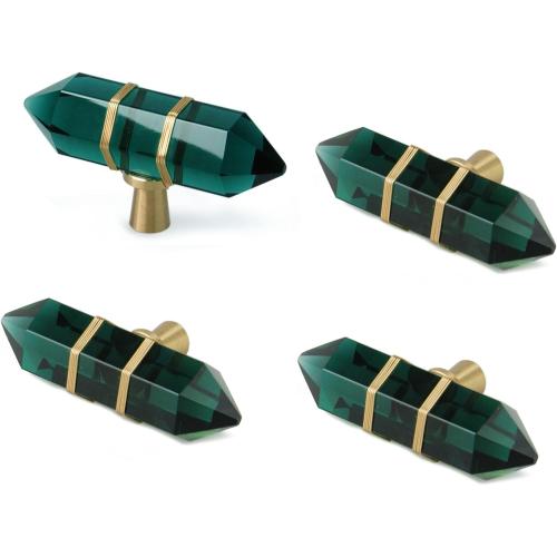 Color Green JEREVER 4 Pack Hexagonal Crystal Knobs Wire Wrapped Glass Brass Drawer Pull Cabinet Handle Gold Furniture Hardware for Dresser Kitchen (Green)