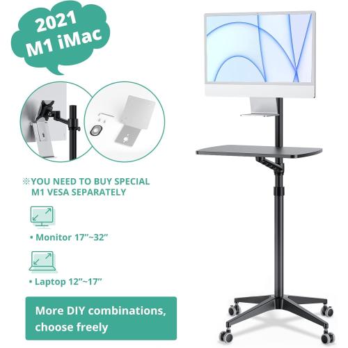 Viozon Mobile Desk,Mobile Workstation,Mulitiuse Rolling Laptop Floor Stand,34-48.6 Height Adjustable,Compatible with 17-27 Monitor&12-17 Laptop,21×14 Desk,Maxload 17.6lbs,4 Lockable Wheels B