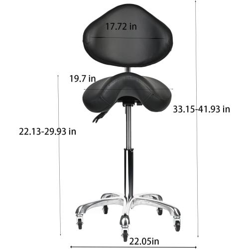 Saddle Stool Rolling Chair with Back Support Swivel Adjustable Height Ergonomic Thick Seat Cushion with Wheels for Nail Lash Tech Esthetician Tattoo Artist Salon Hair Cutting Stylist Black