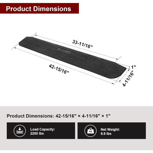 Ruedamann 1 Rise Rubber Threshold Ramp, 42.9 Wide Wheelchair Ramp, 2200 Lbs Capacity, Entry Ramp with Non-Slip Surface, for Wheelchairs, Scooter, Power Chairs, Driveways, Curb
