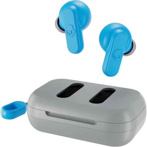 Skullcandy Dime 2 Wireless Earbuds, Bluetooth Headphones, Noise Isolating Fit, Up to 12 Hours Battery, Microphone for iPhone Android, Easy Carry with Integrated Lanyard - Light Grey/Blue