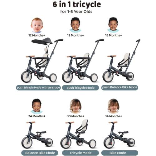 newyoo Tricycle for Toddlers 1-3, Toddler Tricycle with Push Handle and Canopy, Toddler Bike, Birthday Gift and Toys for Girl and Boy, 6 in 1 Baby Trike, Balance Bike, TR009, Dark Grey