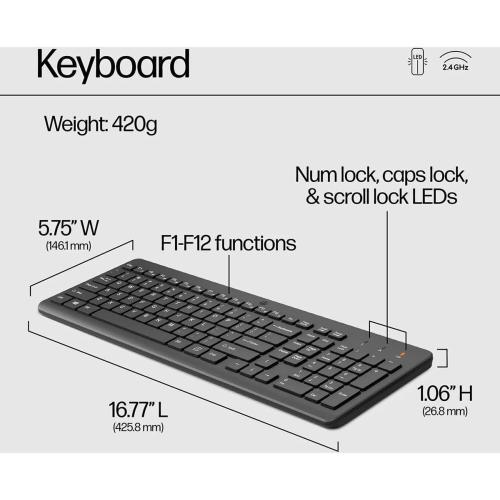 HP 330 Wireless Keyboard and Mouse Combo - 2.4 Ghz Wireless USB Receiver - Chiclet Keys, 12 Keyboard Shortcuts - 1600 DPI Multi-Surface Mouse - LED Num Lock, Caps Lock, Scroll Lock (2V9E6AA)
