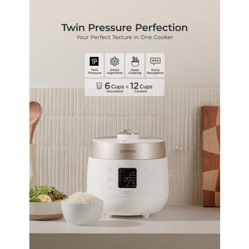 CUCKOO Twin Pressure Rice Cooker 6-Cup Uncooked / 12-Cup Cooked with Nonstick Inner Pot, Versatile Rice Maker & Warmer with 16 Menu Options, Open Cooking Mode, Voice Guide, White (CRP-ST0609FW)