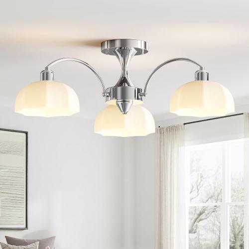 Milk Glass Chandelier Farmhouse Rustic Semi Flush Mount Ceiling Lamp Frosted White Globe Pendant Light Mid Century Modern Wood Grain Chandelier Sputnik Ceiling Light (3- Light- Chrome)