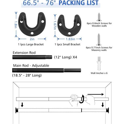 FIRJOY Closet Rods for Hanging Clothes - Heavy Duty, Length Adjustable (Black, 66.5 - 76)