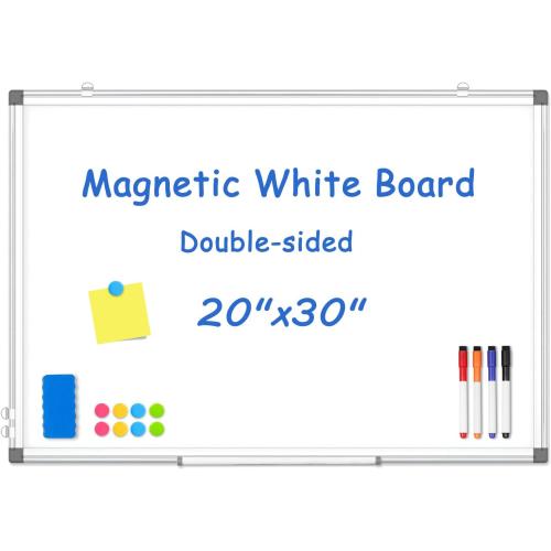 Double-Sided White Board Dry Erase, 20 x 30 Dry Erase Board for Wall with Silver Aluminium Frame, Magnetic Whiteboard for Office, Home, School, Kitchen
