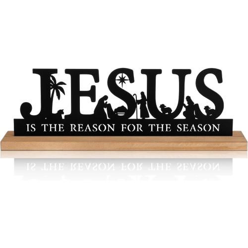 Pinkunn Metal Nativity Sets for Christmas Decorations Black Metal Nativity Scene with Wooden Base for Christmas Xmas Home Indoor Office Kitchen Table Shelf Mantel Tabletop Decor(Jesus)