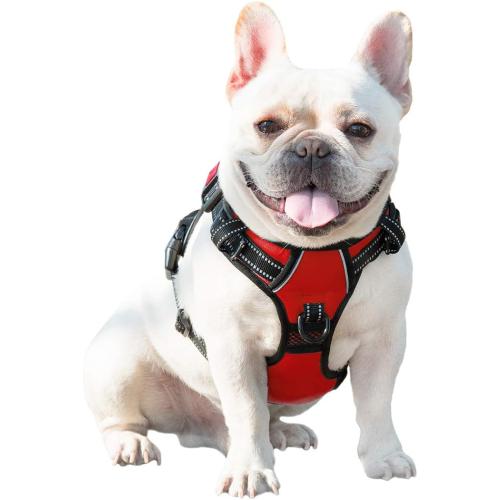 PHOEPET No Pull Dog Harness Medium Reflective Front Clip Vest with Handle,Adjustable 2 Metal Rings 3 Buckles[Easy to Put on & Take Off](M, Red)