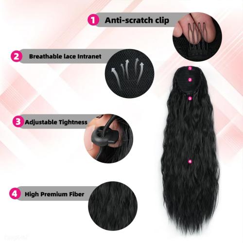 rosmile Corn Wave Drawstring Ponytail 140 Grams Natural Black Wave Ponytail Clip in Extension 22 Inches Synthetic Corn Curly Wave Ponytail for Black Women(1B,Natural Black)
