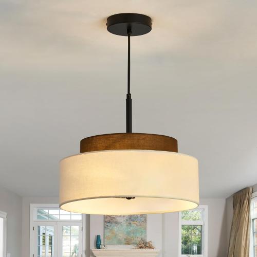 3-Light Farmhouse Pendant Light Fixture 2-Tier Drum Pendant Lighting with Fabric Shade 13inch Rustic Hanging Chandelier for Living Room Kitchen Dining Room Bedroom Entryway