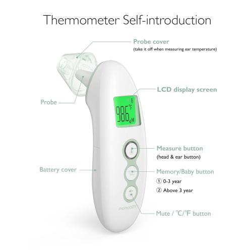 White Momcozy Non-Contact Forehead and Ear Thermometer, Digital Infrared Thermometer for Adults and Children, with Child Mode, Fever Alarm Function, Mute and Memory Functions, Fast and Accurate Measurement