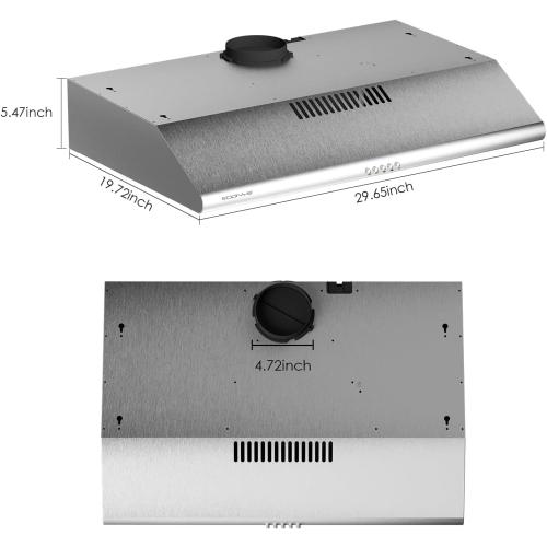 30 inch Stainless Steel Under Cabinet Range Hood, Slim Kitchen Vent Hood Ducted/Ductless Convertible with 3 Speed Controls, 5-Layer Aluminum Filters,LED Lights