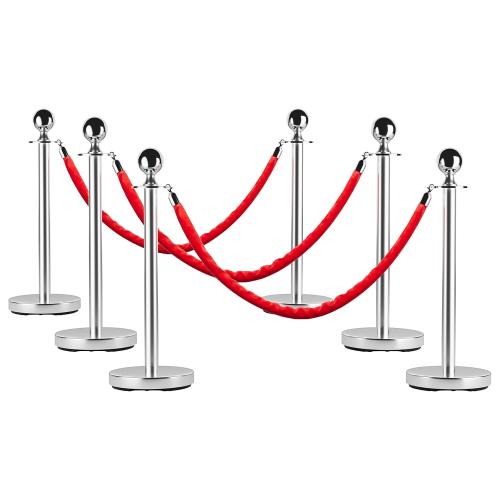 Crowd Control Barriers, Red Carpet Runner for Party with 5 FT Red Rope, Stainless Steel Red Carpet Ropes and Poles, 6 PCS Stanchions and Velvet Ropes for Theaters Hotels Clubs Wedding Ceremony