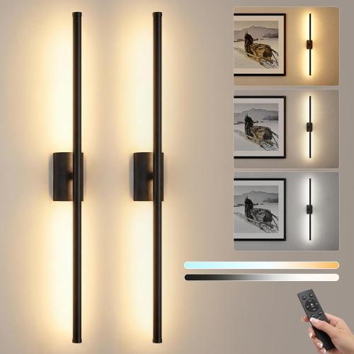 ONEWISH Battery Operated Wall Sconces Set of 2, 27.75 Rechargeable Wall Lights with Remote, 3-Color Dimmable Wireless Sconces for TV Wall Decor, Picture Light, Bedroom, Black