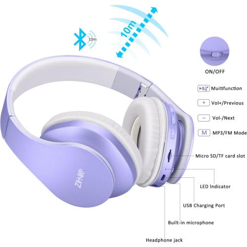 ZIHNIC Bluetooth Headphones Over-Ear, Foldable Wireless and Wired Stereo Headset Micro SD/TF, FM for Cell Phone,PC,Soft Earmuffs &Light Weight for Prolonged Wearing (Purple)
