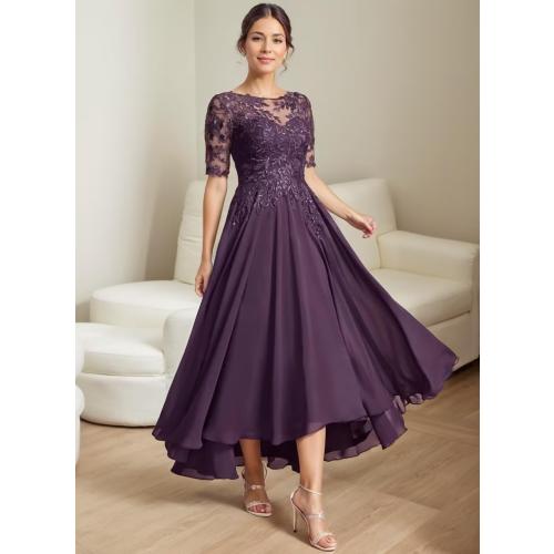 Size M.  Tea Length Mother of The Bride Dresses for Wedding Sequin Lace Formal Evening Dress with Pockets JH016