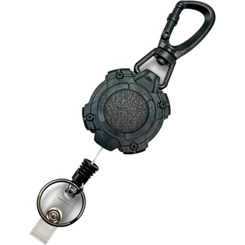 Heavy Duty Black Tactical Badge Reel. Swivel Carabiner Clip. 32.5” Steel Cable/Rope with Key Ring & ID Strap. 8 oz Weight