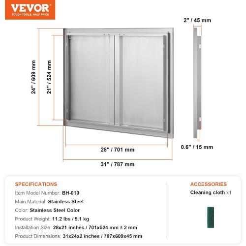 VEVOR BBQ Access Door - 31 W x 24 H Stainless Steel Flush Mount Vertical Door with Recessed Handles,for BBQ Island, Grilling Station, Outside Cabinet