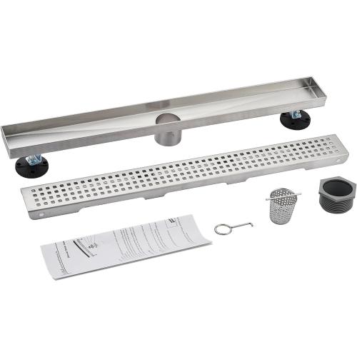 AVSIILE Linear Shower Floor Drain, Brushed Nickel 24 Inch 304 Stainless Steel Bathroom Drains Kit, Long Rectangular Shower Trench Drain with Square Pattern Drain Cover & Hair Catcher