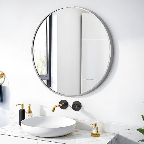 SCWF-GZ 24 Round Mirror Circle Wall Mounted Hanging or Against Wall Aluminum Alloy Metal Frame Dressing Make-up Mirrors for Entryway Bedroom Bathroom Living Room 24 inch Silver