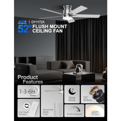 Nickel 52inch Ceiling Fans with Lights 52 Inch, Flush Mount, Remote Control, 3CCT Dimmable, 6 Speeds, Quiet Reversible DC Motor, Low Profile Silver Nickel Ceiling Fan for Bedroom, Living Room, Indoor/Outdoor, ETL