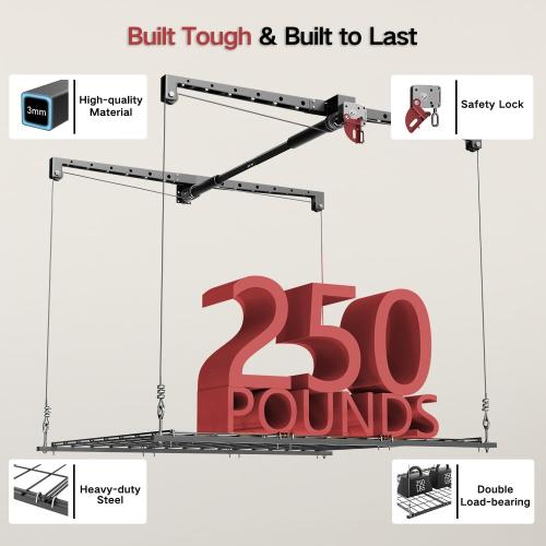 Overhead Garage Storage Rack for 8-10 FT Ceiling, Heavy-duty 4x4 FT Ceiling Storage Racks with Safety Lock, Ideal for Garage Storage Mounted Lift System and Storage Organizer, 250lbs Capacity