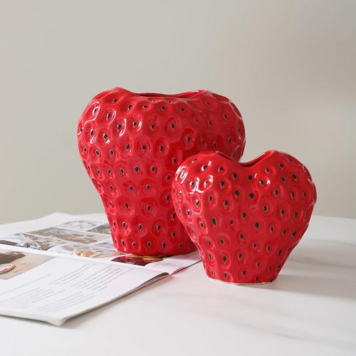 Strawberry Ceramic Flower Vase, Decorative Cute Ornament Vase for Aesthetic Decor Flower Arrangement, Unique for Colorful Modern Vintage Home Kitchen Office Decor Centerpiece, Red 7inch