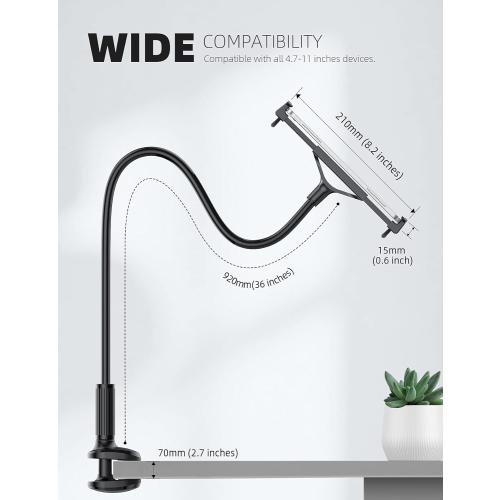 Lamicall Gooseneck Tablet Mount Holder for Bed - Flexible Tablet Arm Clamp for Bed Compatible with Pad Mini 7.9, Air 9.7, Pro 10.5, Kindle, Switch, Galaxy Tabs, More 4.7-11 Device - Black