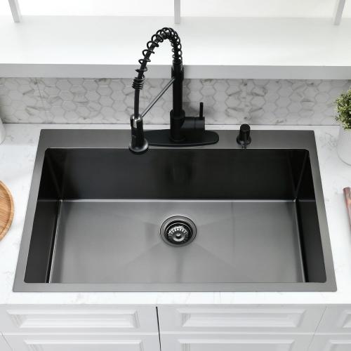 Size 36x22 Black Drop In Kitchen Sink and Faucet Combo Set - 36 Inch Black Stainless Steel Top Mount Kitchen Sink with Faucet, 10 Inch Deep Single Bowl Drop-in Sinks with Accessories